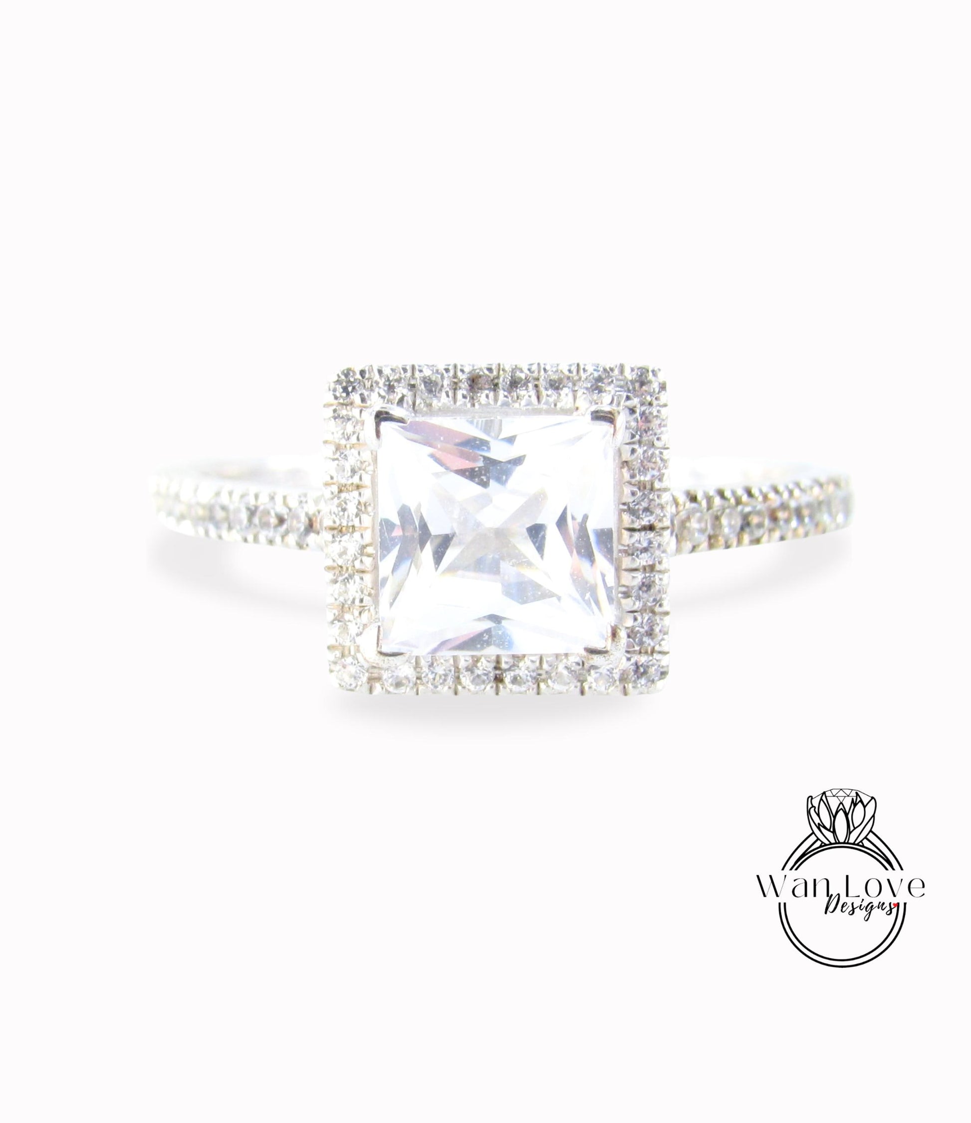 Squared Halo Princess Cut White Sapphire Ring Pave Accents, Geometric Gallery, Square Halo Ring, Bridal Promise Wedding Ring, Ready to ship