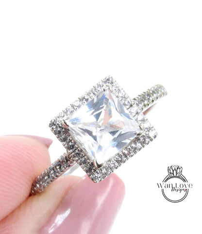 Squared Halo Princess Cut White Sapphire Ring Pave Accents, Geometric Gallery, Square Halo Ring, Bridal Promise Wedding Ring, Ready to ship