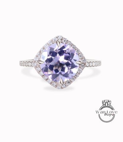 Amethyst Diamond North Kite Cushion Halo Engagement Ring Round Compass prongs 14k 18k White Yellow Rose Gold Platinum Custom