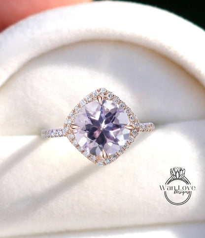 Amethyst Diamond North Kite Cushion Halo Engagement Ring Round Compass prongs 14k 18k White Yellow Rose Gold Platinum Custom