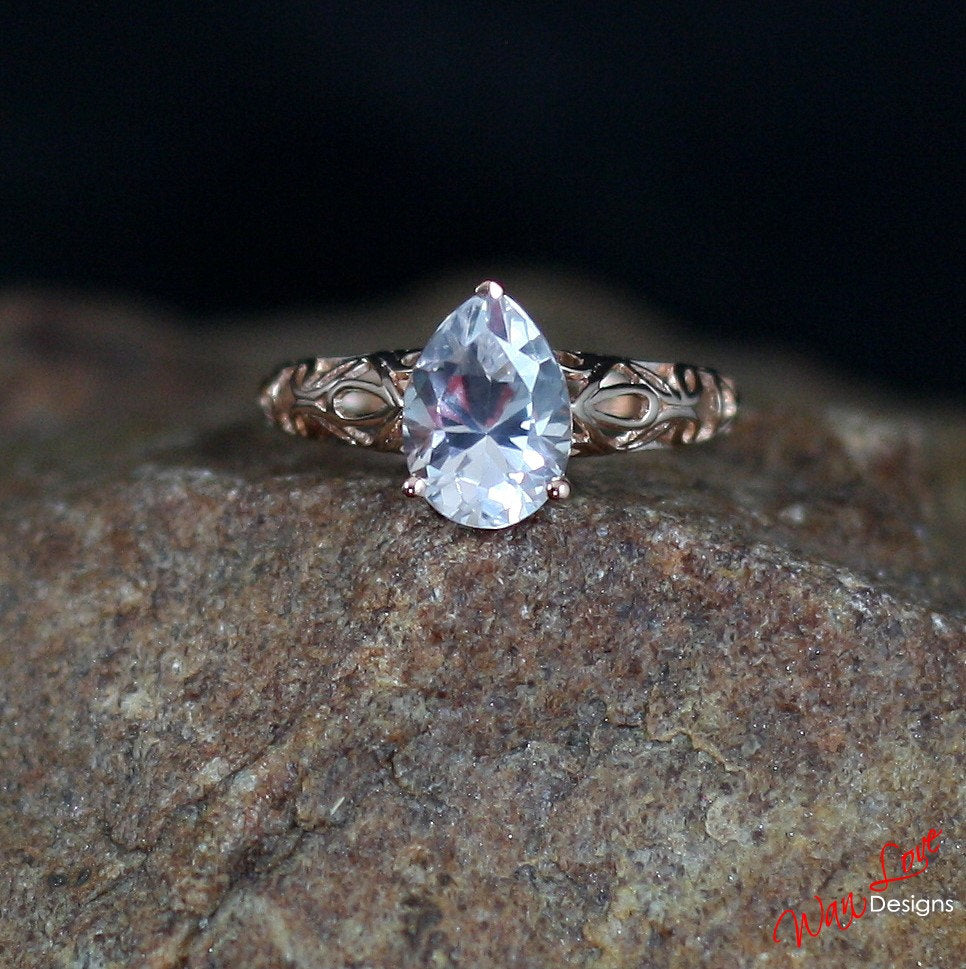 White Sapphire Pear Filigree Solitaire Engagement Ring Custom made size-Wedding-Anniversary Gift-Commitment Ring-Push Present