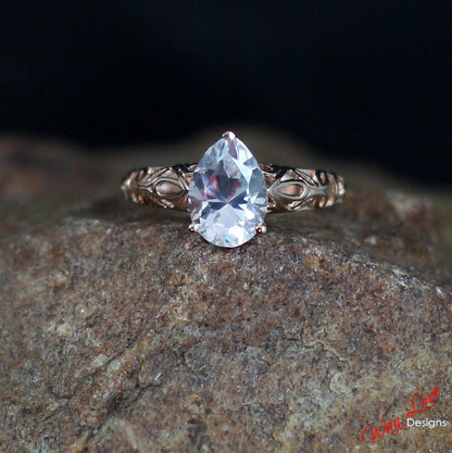 White Sapphire Pear Filigree Solitaire Engagement Ring Custom made size-Wedding-Anniversary Gift-Commitment Ring-Push Present