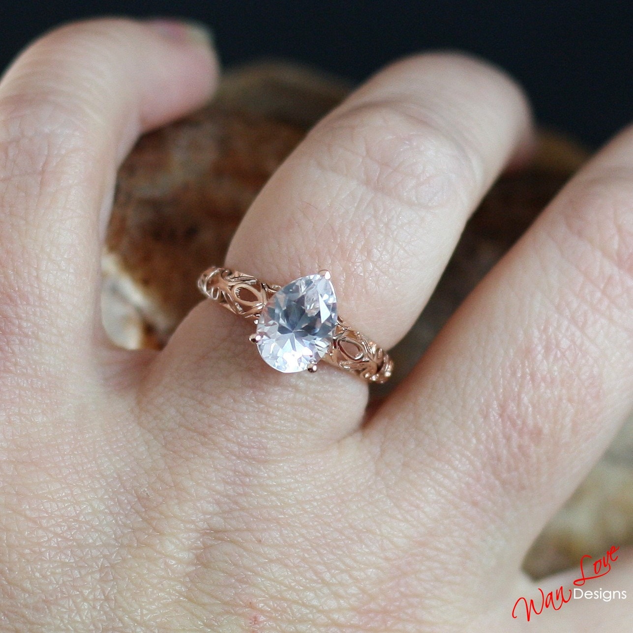 White Sapphire Pear Filigree Solitaire Engagement Ring Custom made size-Wedding-Anniversary Gift-Commitment Ring-Push Present