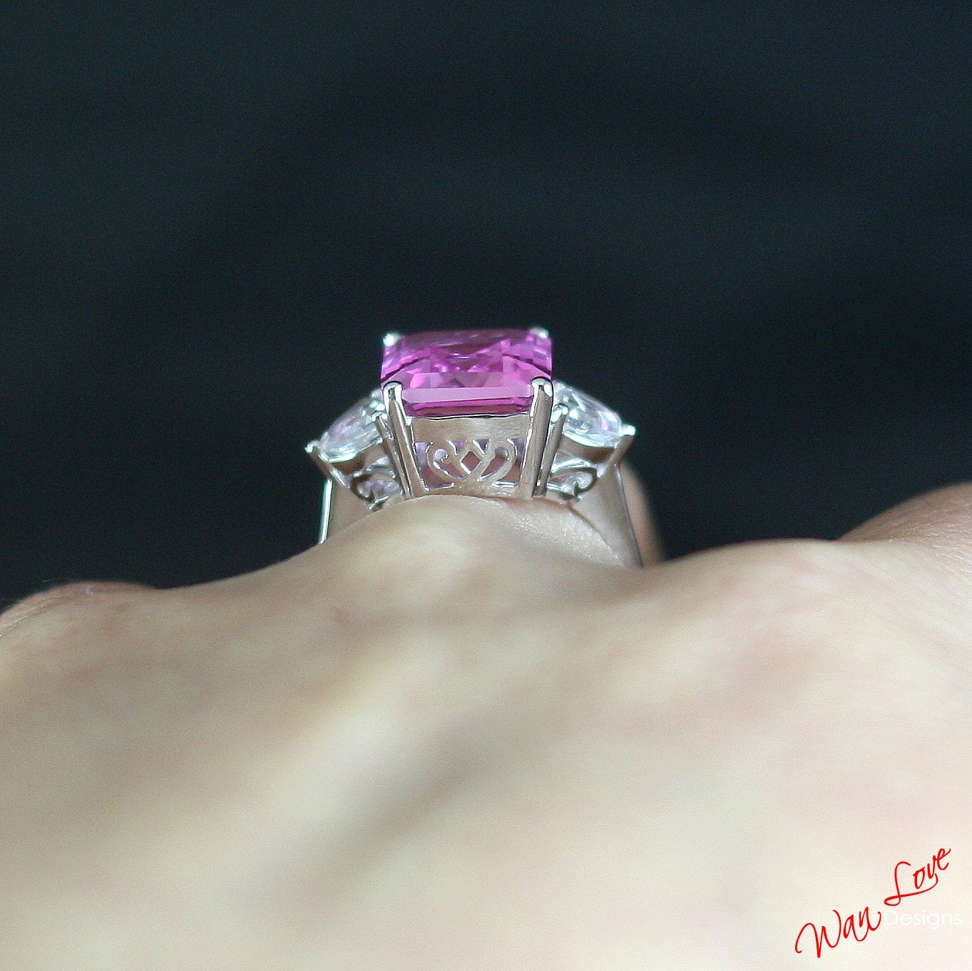 Emerald Trillion Pink White Sapphire Engagement Ring Vintage Filigree Gallery ring 8ct 3 gem stone ring Anniversary Gift Promise ring-Ready