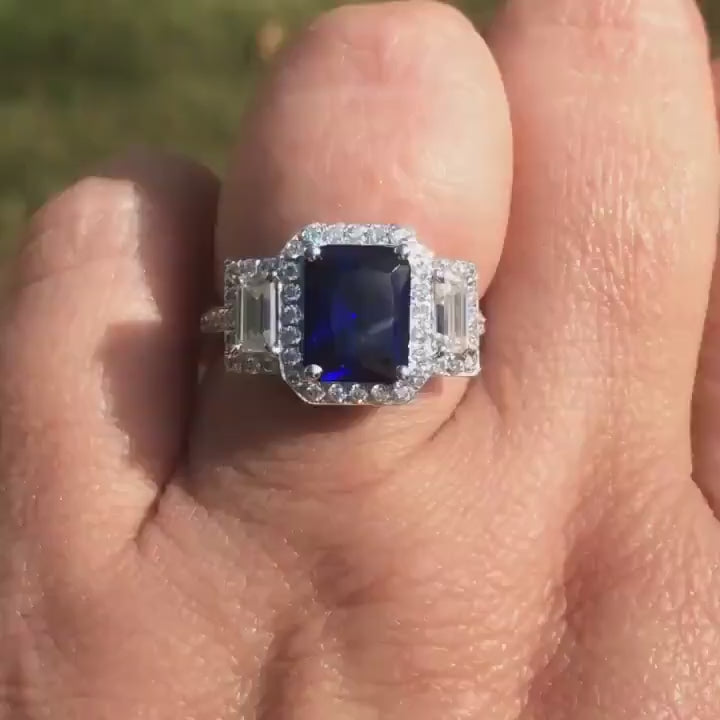 Blue Sapphire & Diamond Baguette Emerald Engagement Ring, 3ct 9x7mm, Custom, 14k 18k White Yellow Rose gold-Platinum-Custom-Wedding-Gift