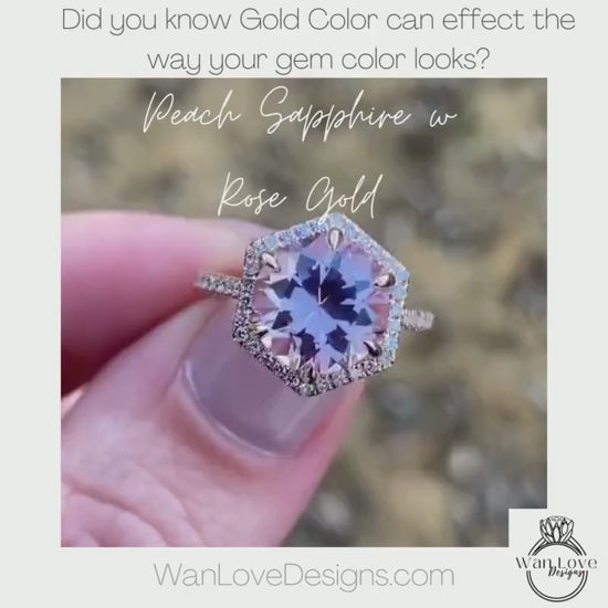 Cushion Cut Peach Sapphire Engagement Ring, Diamond Halo Wedding Ring, Half Eternity Diamond Milgrain Custom Ring, 14k/18k Gold Ring
