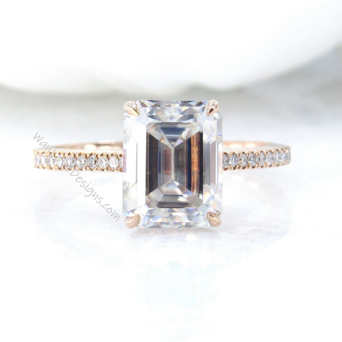 3CT Emerald Cut Moissanite Diamonds Ring, Hidden Halo Ring, Half Eternity Ring, Solid Rose Gold Engagement Ring, Anniversary Ring For Fiancé Wan Love Designs
