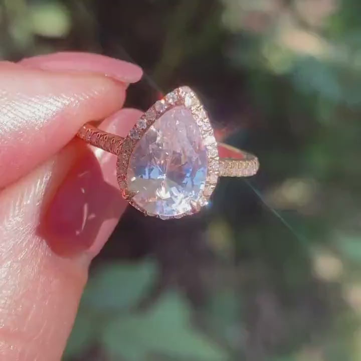 Light Pink Sapphire & Diamond Pear Halo Engagement Ring, Plain Shank, Custom, 14k 18k White Rose Yellow Gold, Platinum, WanLoveDesigns