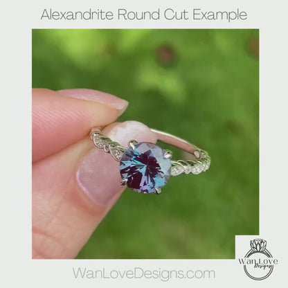 Alexandrite & Diamond Round Engagement Ring, Split Shank, Infinity Twist Ring Custom-14k 18k White Yellow Rose Gold-Platinum