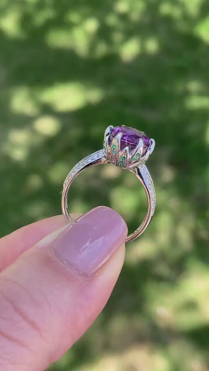 Purple Sapphire Alexandrite Color Diamond & Emerald Lotus Flower Engagement Ring 14k 18k White Yellow Rose Gold-Platinum-Round