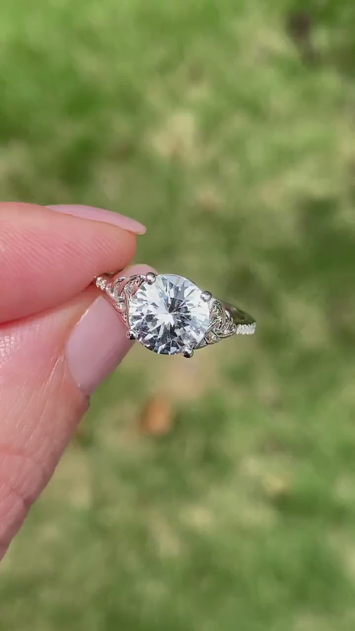 White Sapphire & Diamond Celtic Knot Round Engagement Ring, Custom, 14k 18k White Yellow Rose Gold, Platinum-Wedding-Anniversary