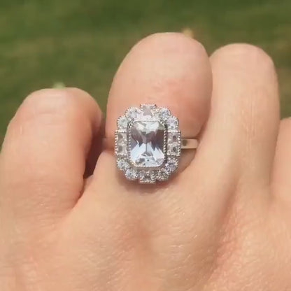 White Sapphire Emerald Milgrain Bezel Princess Round Halo Engagement Ring Antique Moissanite Custom Wedding