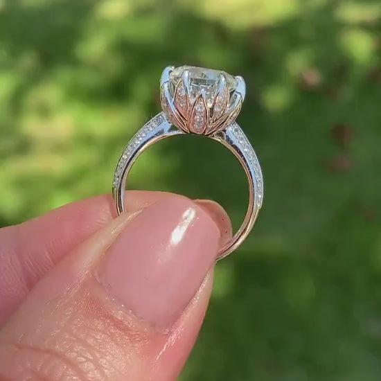 White Sapphire & Diamond Lotus Flower Engagement Ring, Round-Custom-Wedding-Anniversary-14k 18k White Yellow Rose Gold-Platinum