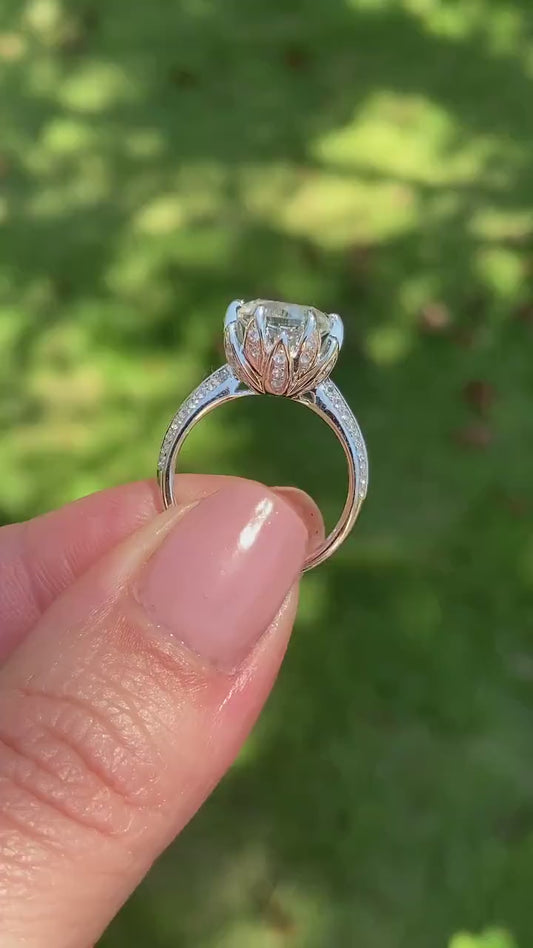 White Sapphire & Diamond Lotus Flower Engagement Ring, Round-Custom-Wedding-Anniversary-14k 18k White Yellow Rose Gold-Platinum
