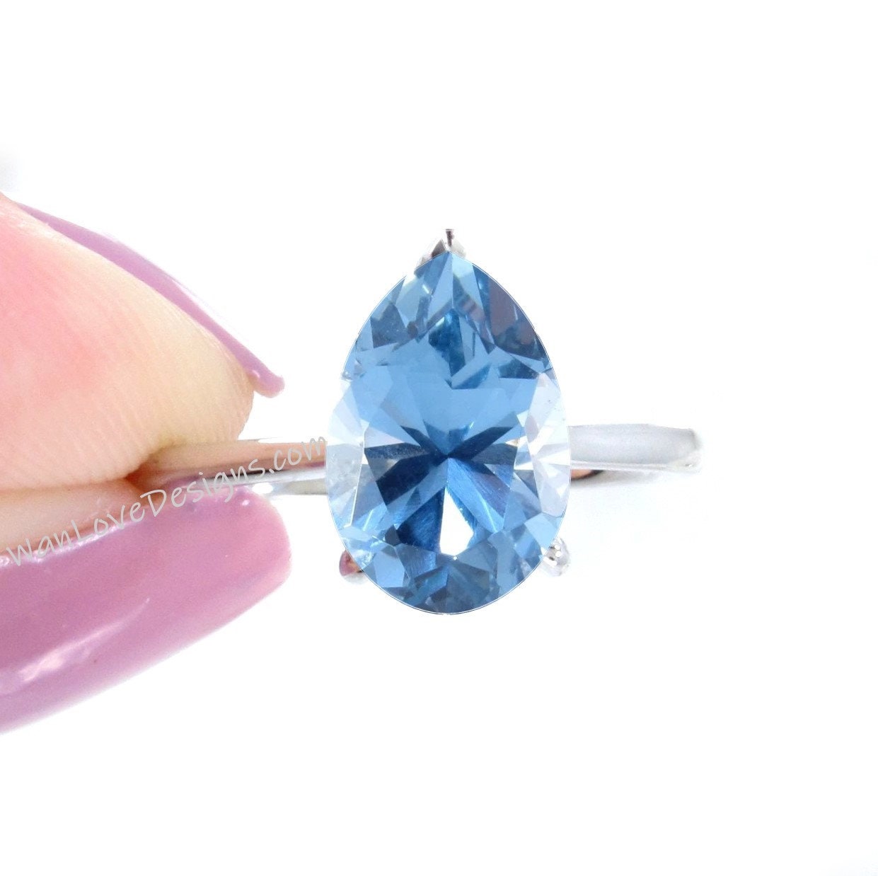 Aquamarine Blue Spinel & Diamond Pear Side Halo Engagement Ring, Cathedral Basket, 14kt 18kt Gold-Platinum-Custom-Wedding, WanLoveDesigns Wan Love Designs