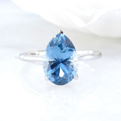 Aquamarine Blue Spinel & Diamond Pear Side Halo Engagement Ring, Cathedral Basket, 14kt 18kt Gold-Platinum-Custom-Wedding, WanLoveDesigns Wan Love Designs