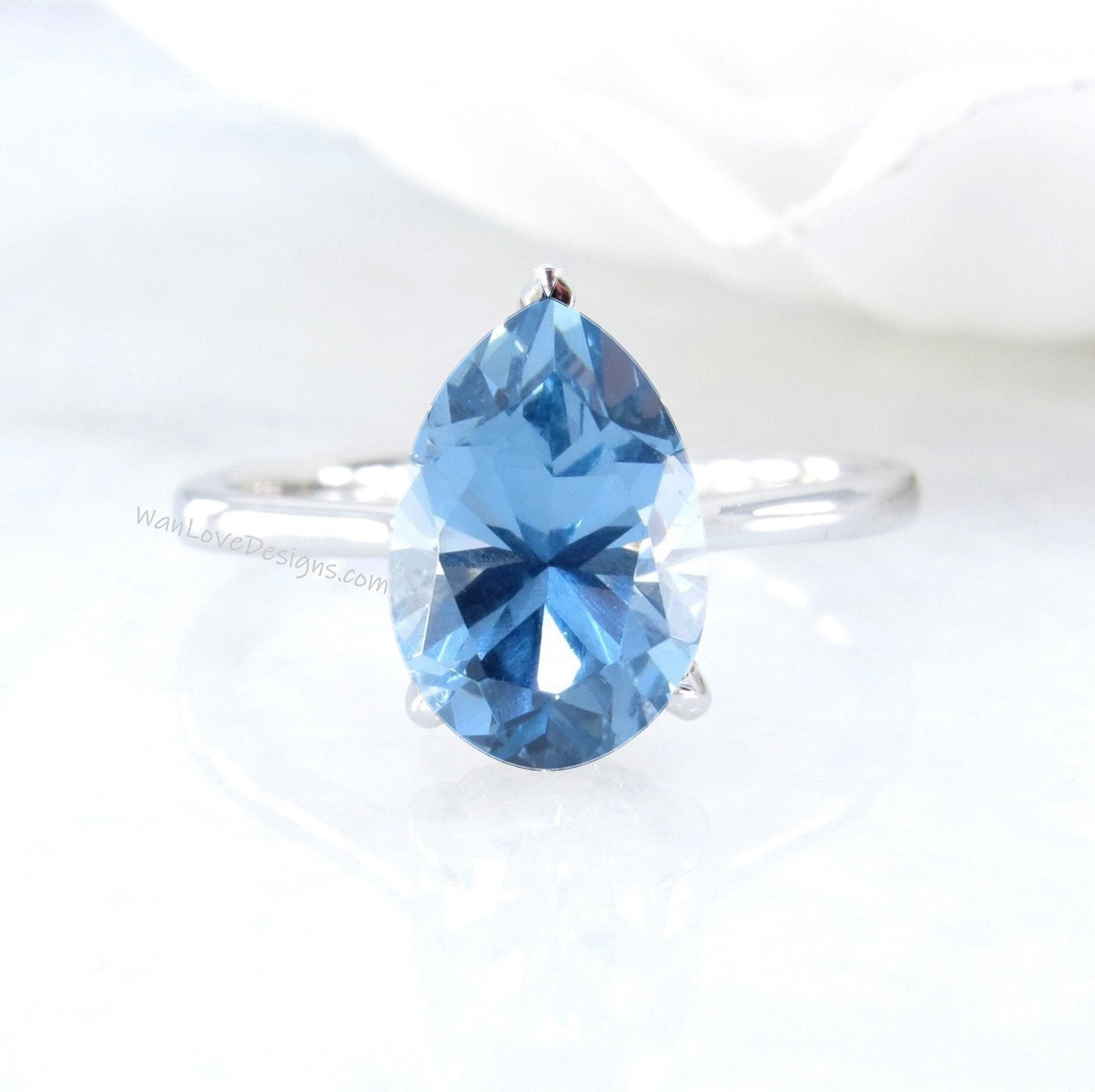Aquamarine Blue Spinel Engagement Ring Pear, Cathedral, 14k 18k White Yellow Rose Gold-Platinum-Custom-Wedding, WanLoveDesigns Wan Love Designs