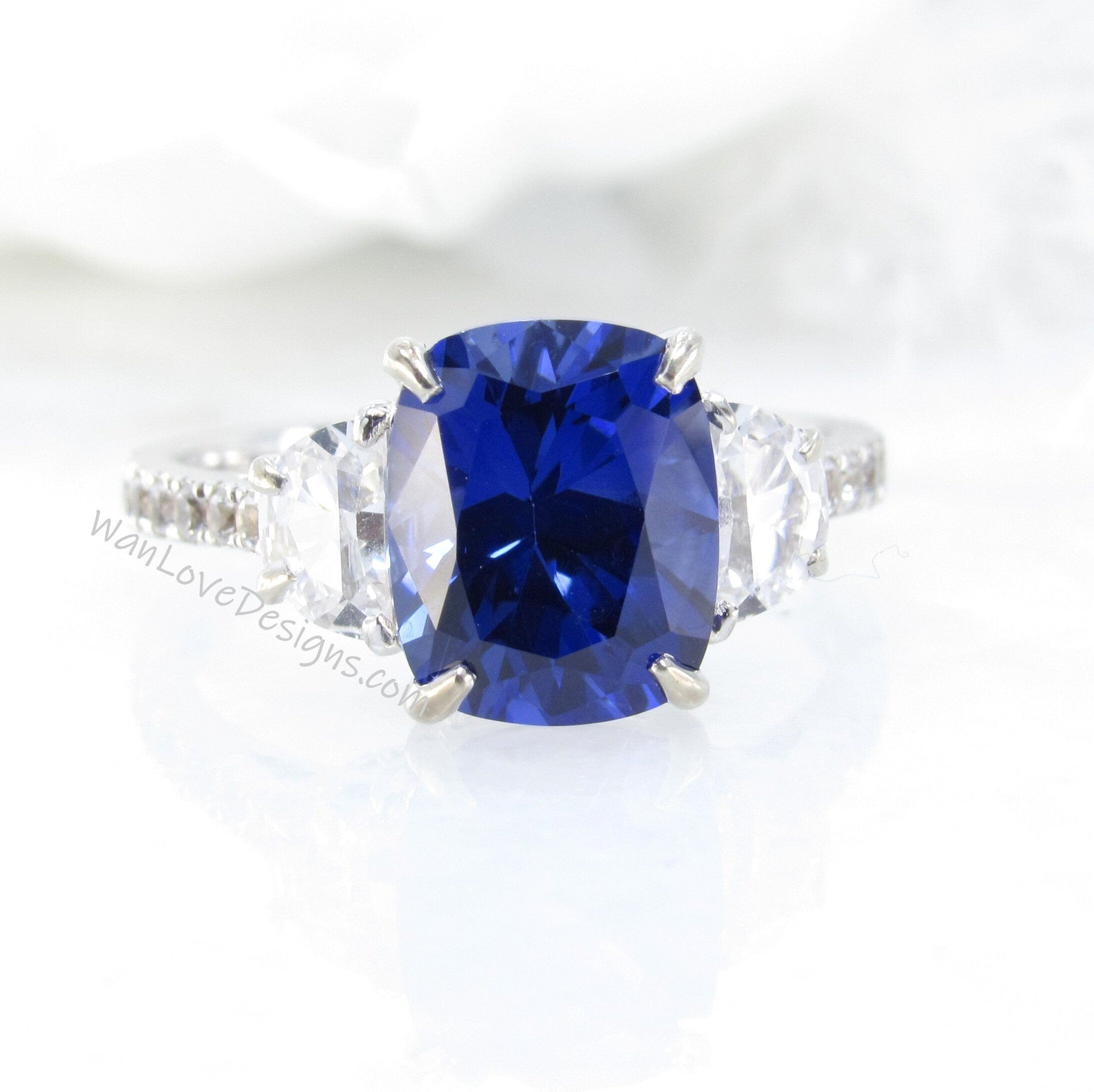 Blue Sapphire Diamond Moissanite Engagement Ring, Elongated Cushion, Half moon, 4ct, 10x8mm, Custom,14k 18k White Yellow Rose Gold,Platinum Wan Love Designs