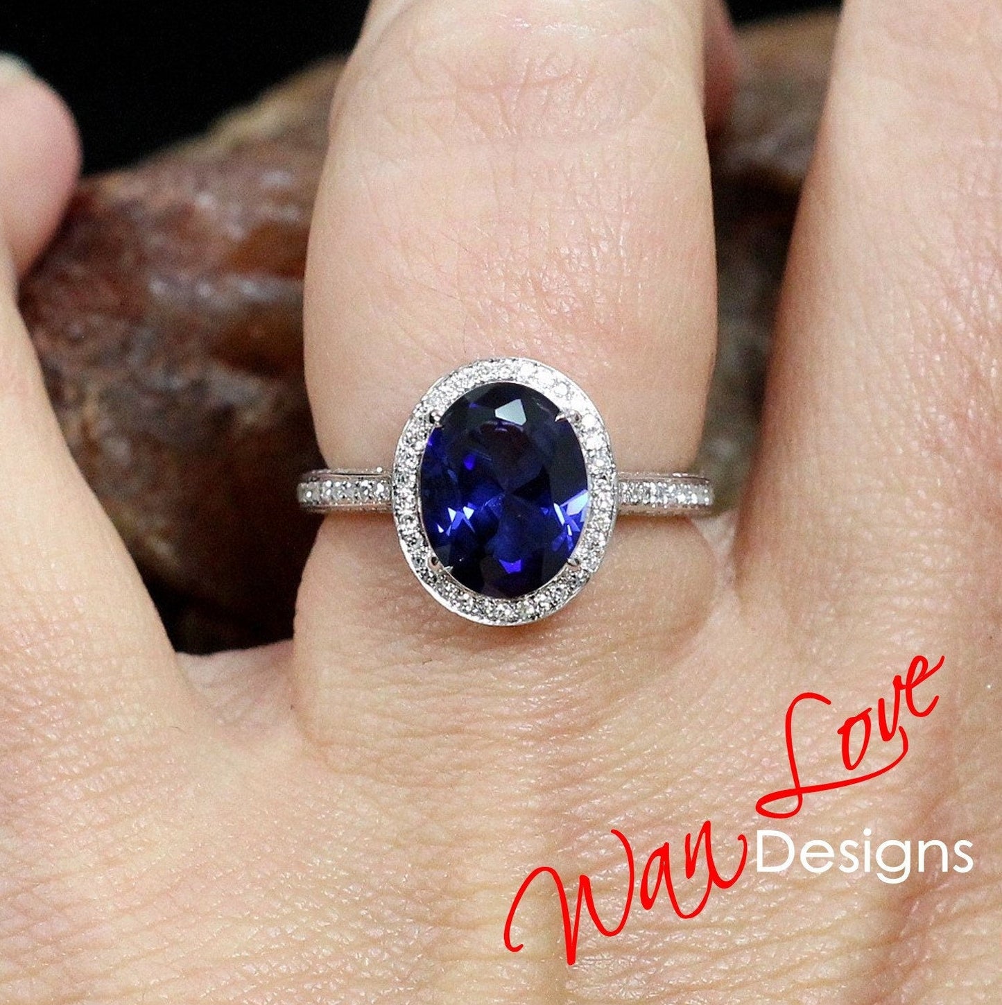 Blue Sapphire & Diamond Oval Halo 3 sided Engagement Ring, 14k 18k White Yellow Rose Gold, Platinum, Wedding, Anniversary Gift Wan Love Designs