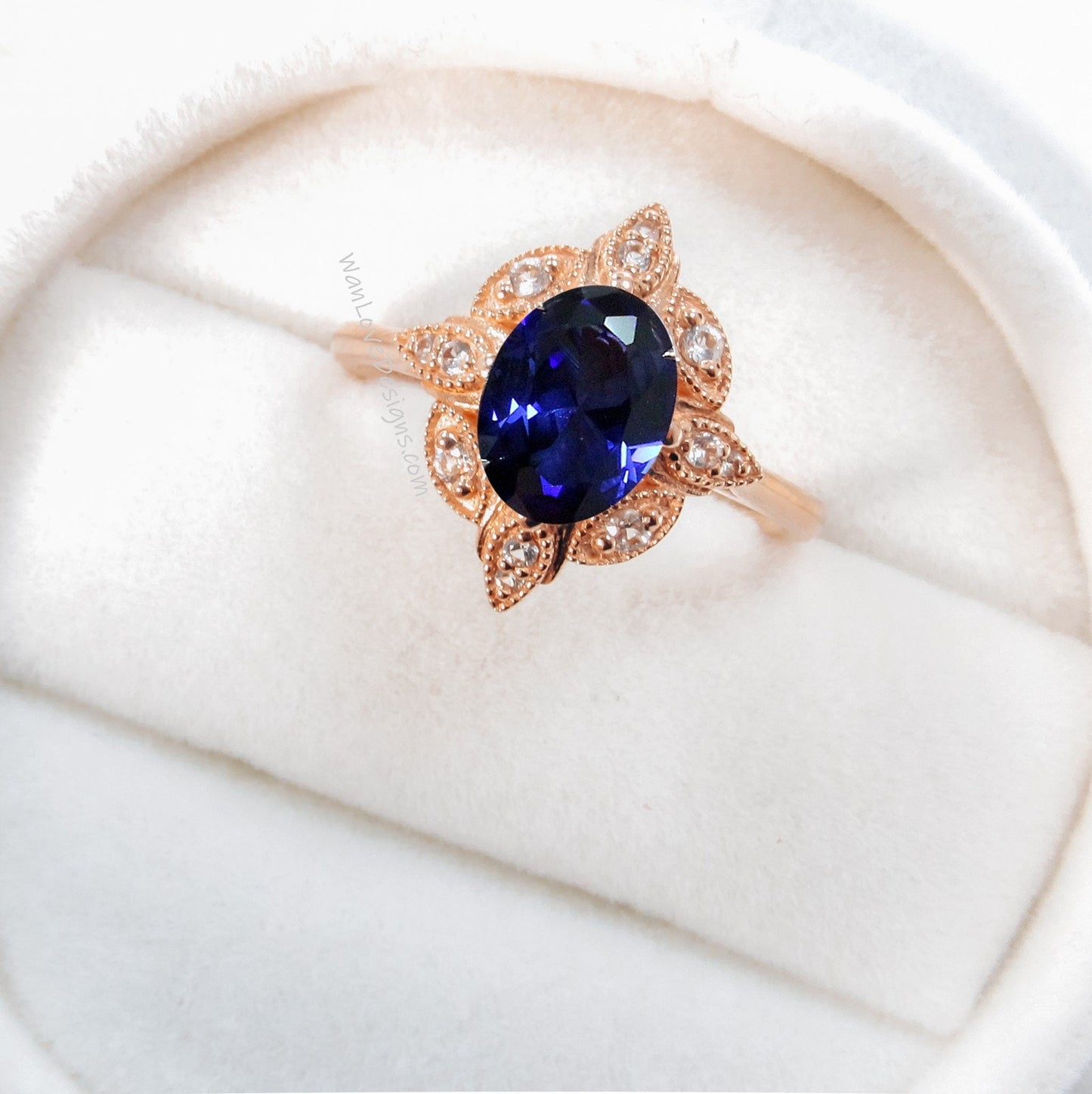 Blue Sapphire & Diamond Oval Milgrain Halo Engagement Ring, plain shank, 14k White Yellow Rose Gold,Platinum,Custom,Wedding, WanLoveDesigns Wan Love Designs