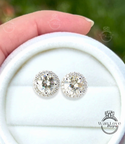 Champagne & White Moissanite Halo Round Earrings Studs Push Back,1ct ea, 2cttw, 6mm,White Gold,Custom,Wedding,Anniversary Gift-Ready to Ship Wan Love Designs