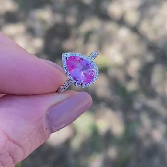 Pink Sapphire Diamond Pear Halo Engagement Ring 14k-18k-White Yellow Rose Gold-Platinum-Custom made-Wedding-Anniversary