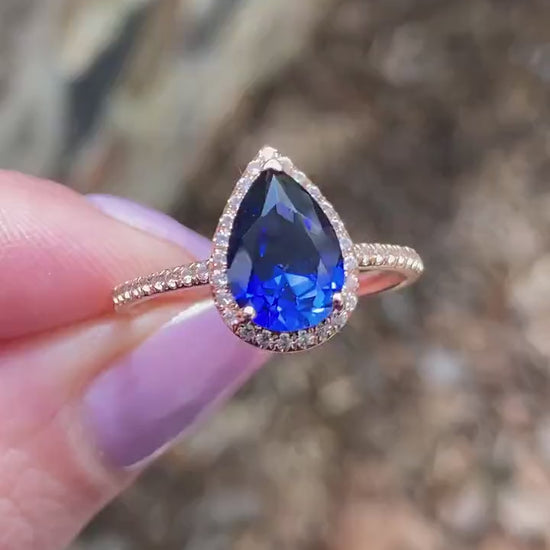 Blue Sapphire & Diamond Pear Halo Engagement Ring, 14k 18k White Yellow Rose Gold-Platinum-Custom-Wedding-Anniversary Gift