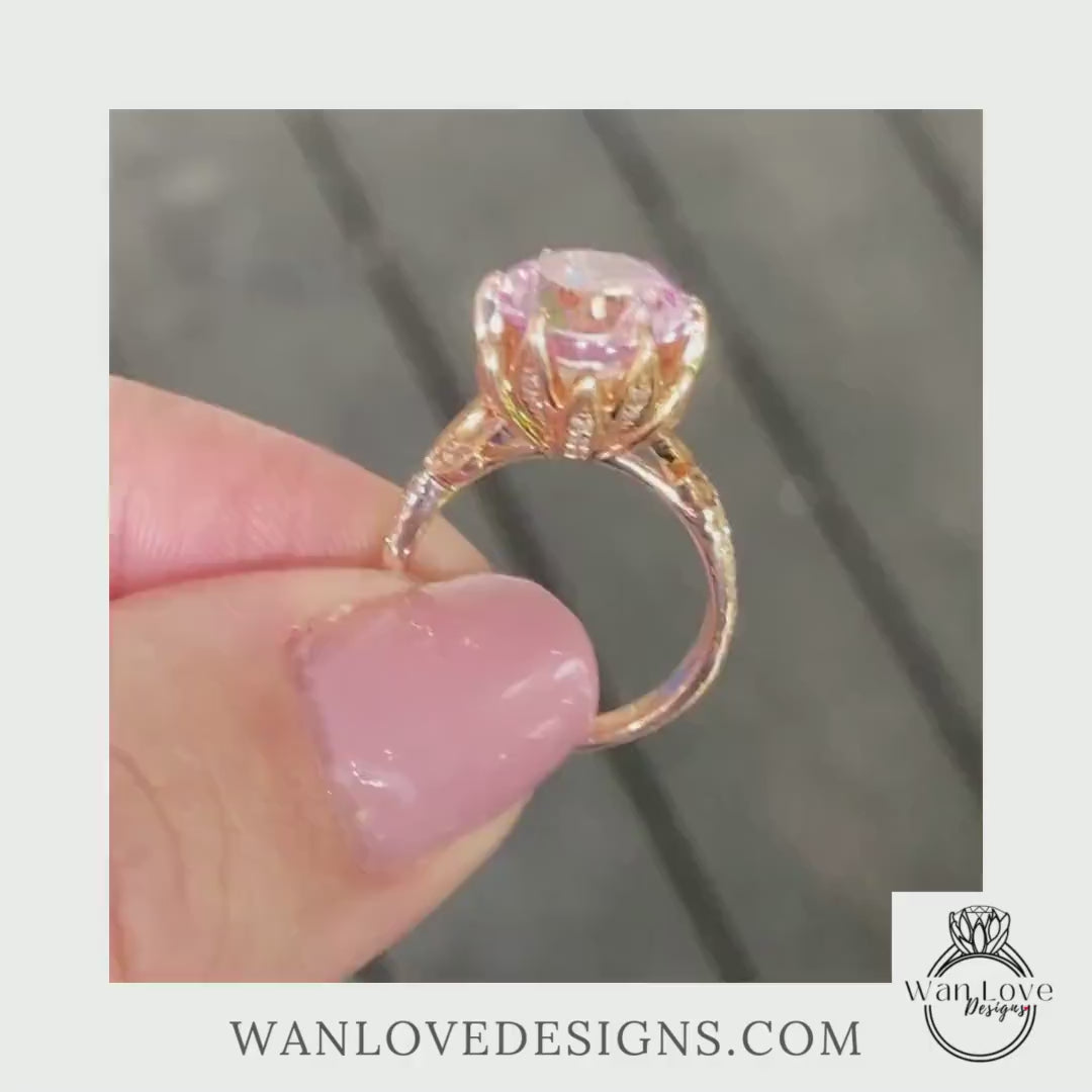 Light Pink Sapphire & Diamond Lotus Flower Split Shank Leaf Engagement Ring 14k 18k White Yelow Rose Gold-Platinum-Custom-Wedding