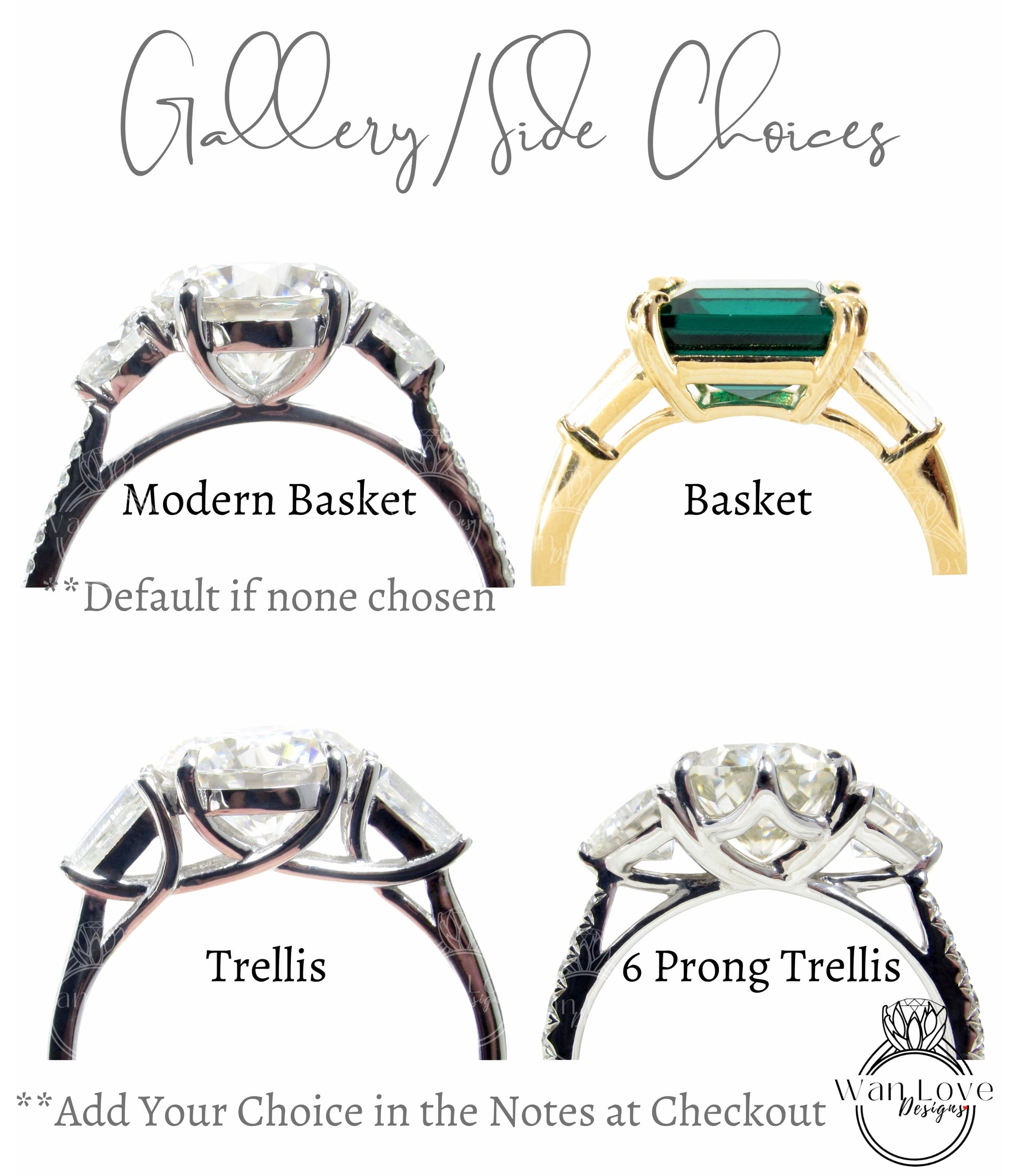 four different types of rings with names on them