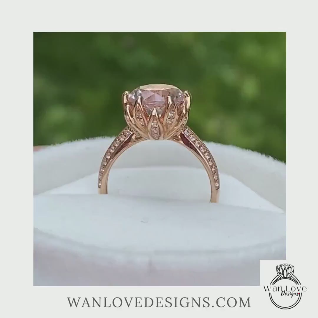 Light Pink Sapphire & Diamonds Lotus Flower Round Engagement Rin 14k 18k White Yellow Rose Gold-Platinum-Custom-Wedding