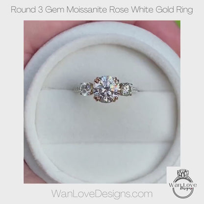 White Sapphire Diamond Ring, Three Stone Moissanite Ring, Round sapphire engagement Ring, Diamond Band Ring