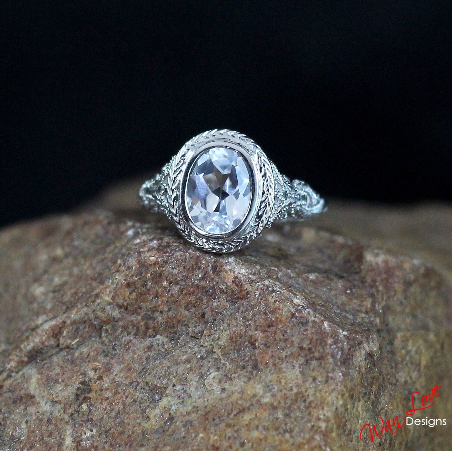 White Sapphire Oval Bezel Filigree Milgrain Solitaire Engagement Ring 3ct 9x7mm Bridal promise ring Wedding Anniversary Gift Ready to ship