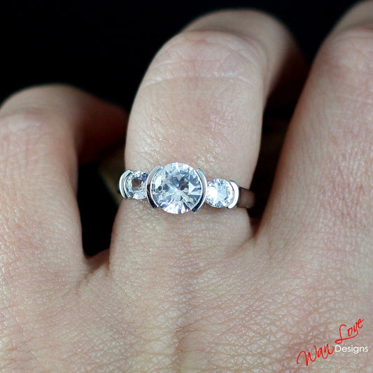 Vintage round cut white sapphire engagement ring three gem stone round cut semi bezel ring unique anniversary promise ring, Ready to ship