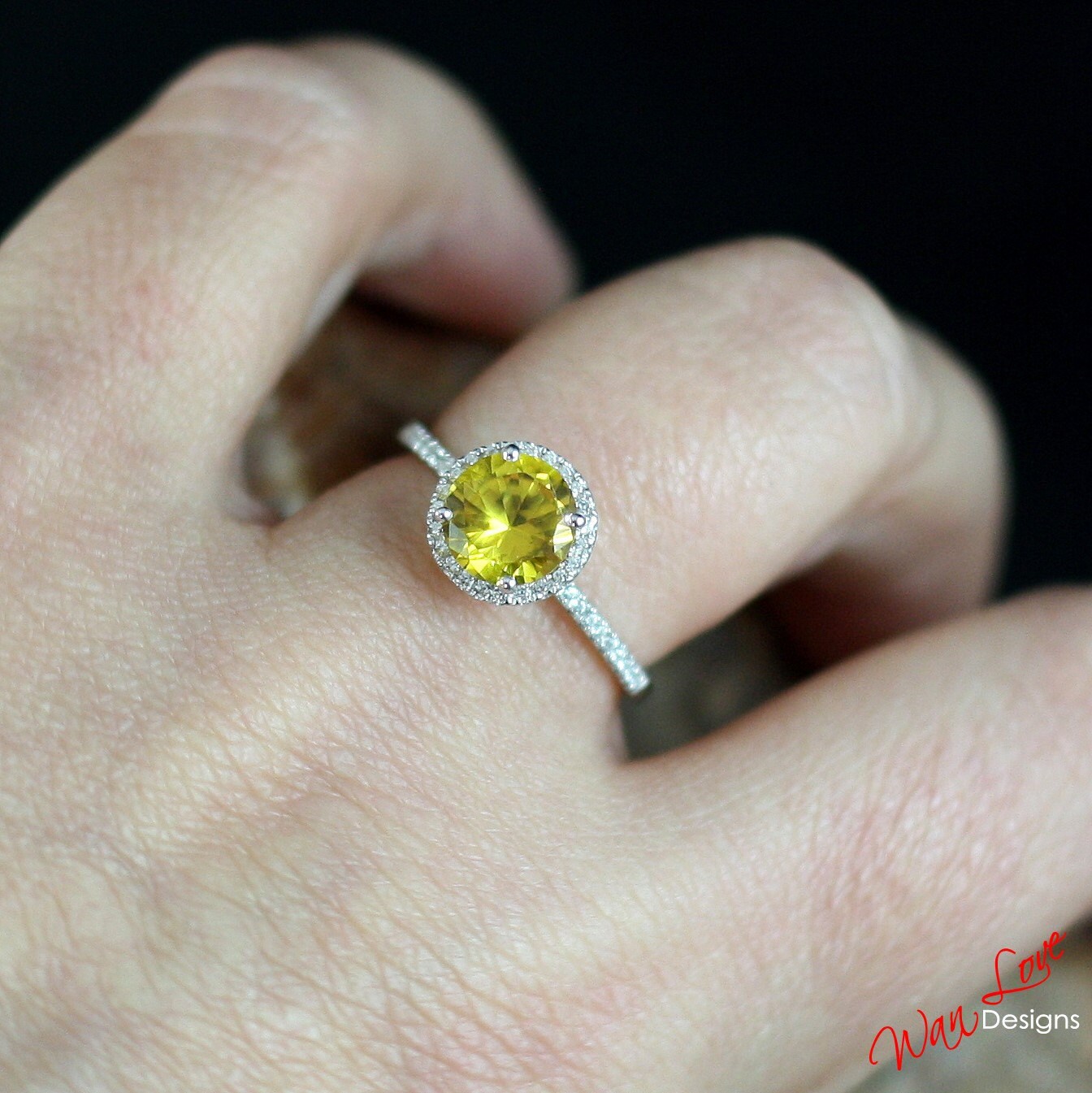 Yellow & White Sapphire Round Halo Engagement Ring, 1 ct, 6mm, Silver Rhodium, Wedding, Anniversary Gift, Proposal, Ready to ship