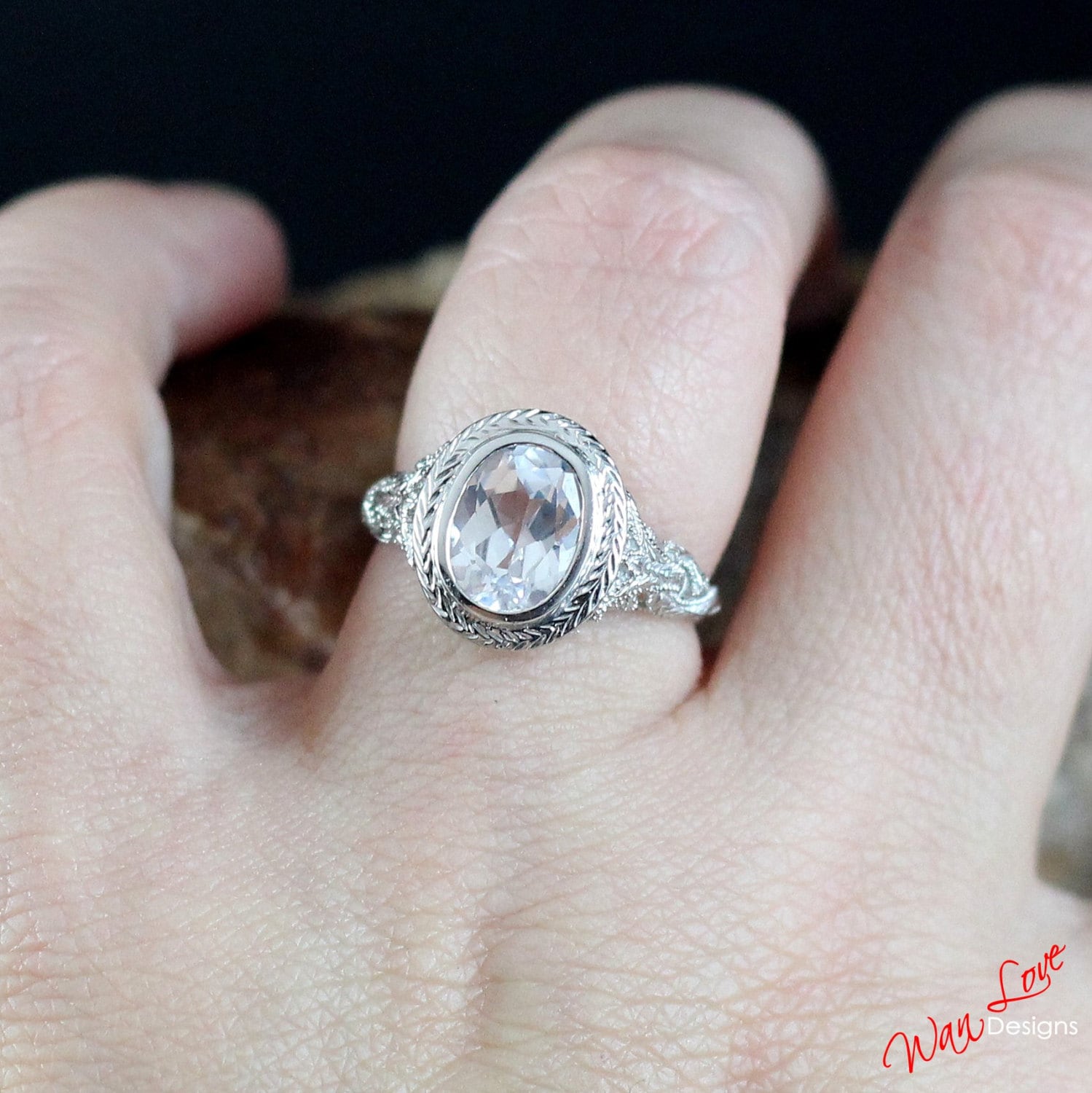 White Sapphire Oval Bezel Filigree Milgrain Solitaire Engagement