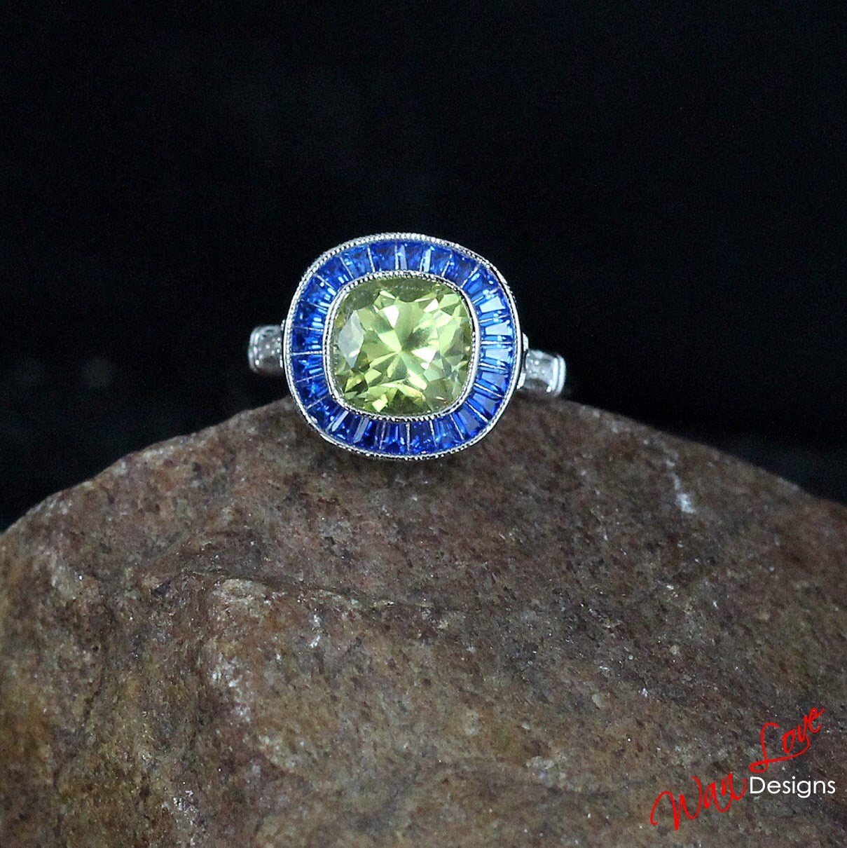 Vintage Yellow & White Sapphire Blue Spinel Engagement Ring antique Milgrain Halo Cushion Bezel Art deco ring 3ct cushion halo bridal ring