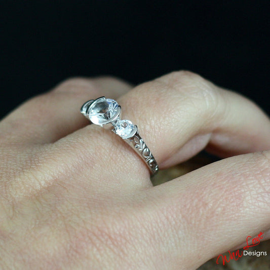 White Sapphire Engraved Shank Band Semi Bezel Round 3 Stone Engagement Ring, 1.5 .75 ct,7mm, 4mm, Silver, 6.5-Ready to Ship