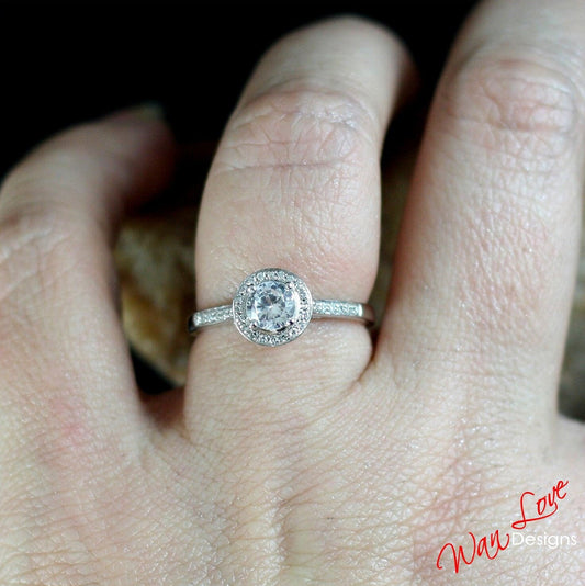 White Sapphire & Diamond Channel set Halo Engagement Ring-Round-.8ct-5mm-925 Silver Rhodium-Custom-Wedding-Anniversary Gift-Ready to Ship