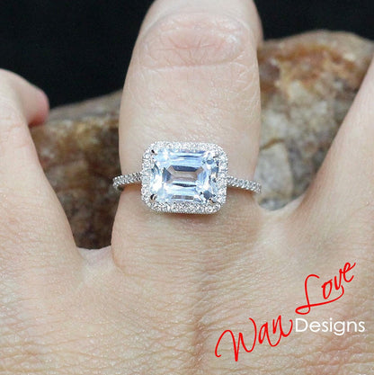 White Sapphire Halo East West Emerald Radiant Filigree Engagement Ring 3ct 9x7mm Bridal Wedding Ring Anniversary Gift Wedding-Ready to ship