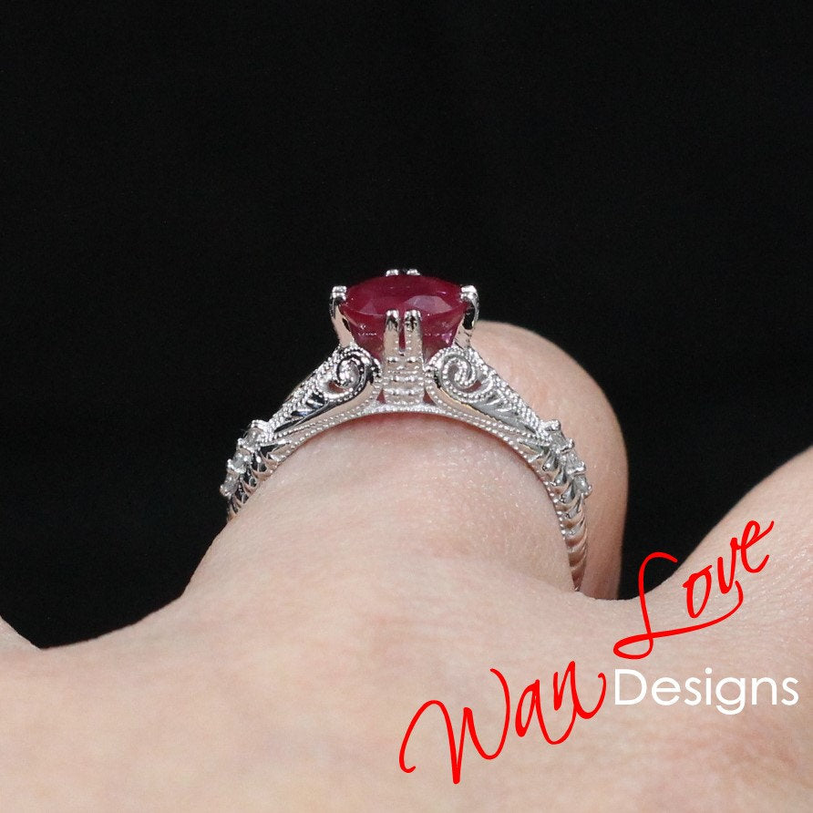 Vintage Moissanite Engagement Ring round cut engraved Ring Antique milgrain ring art deco Wedding Bridal Ring Anniversary promise ring