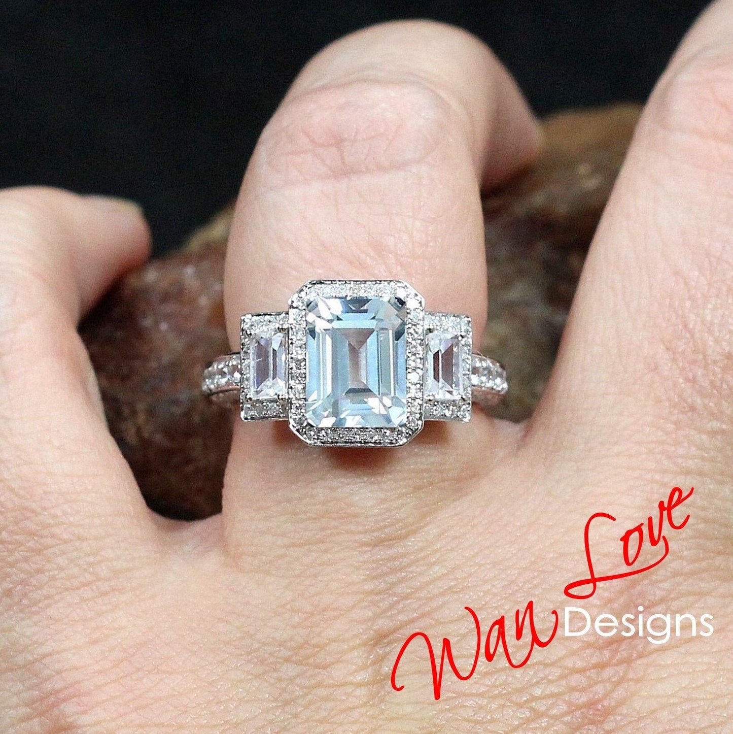 White Sapphire & Diamond Baguette Emerald Engagement Ring, 3ct 9x7mm, Custom, 14k 18k White Yellow Rose gold-Platinum-Custom-Wedding-Gift