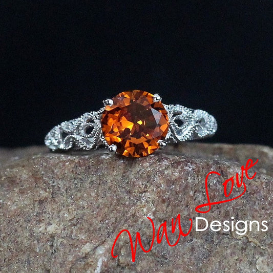 Vintage Padparadscha Orange Sapphire ring Milgrain Filigree Engagement Ring Solitaire Round 2ct antique Wedding Anniversary promise ring