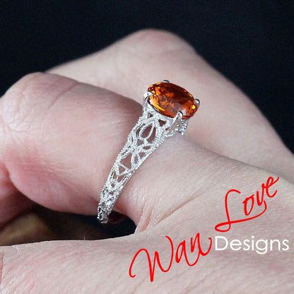 Vintage Padparadscha Orange Sapphire ring Milgrain Filigree Engagement Ring Solitaire Round 2ct antique Wedding Anniversary promise ring