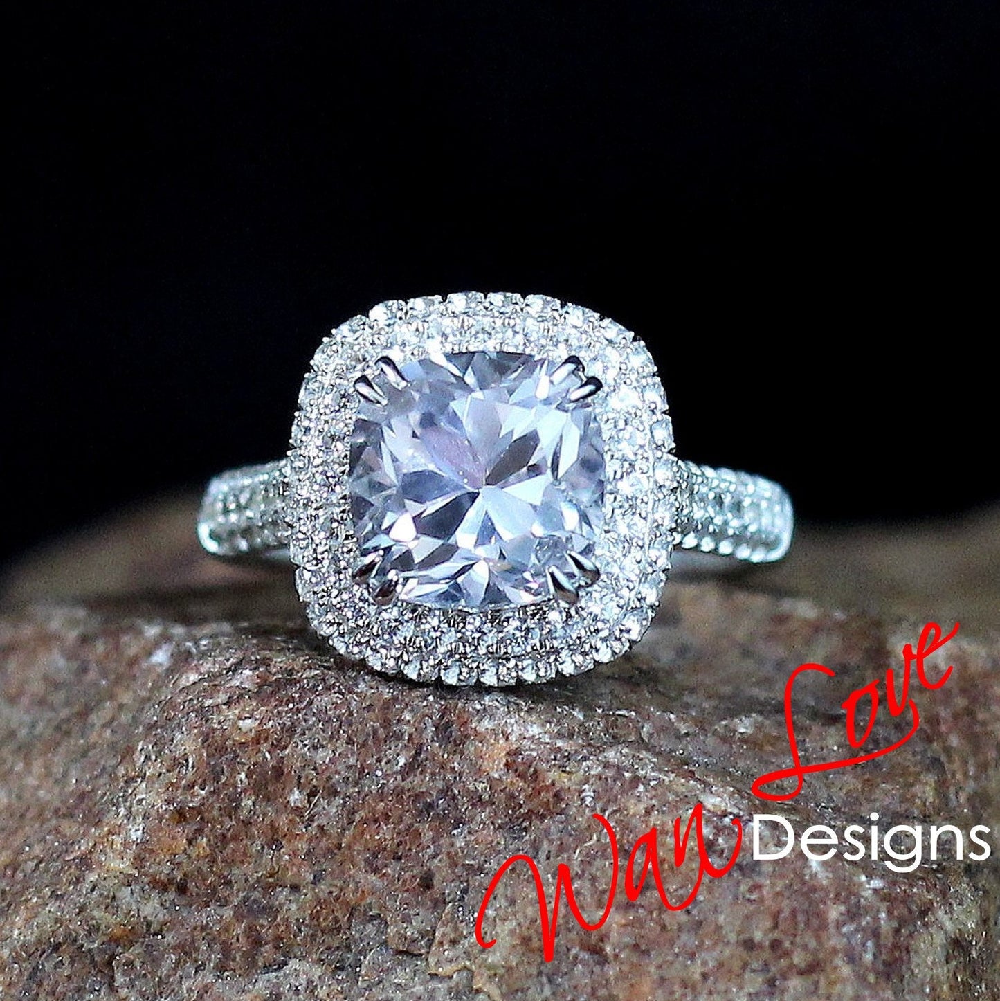 White Sapphire Diamonds Cushion Pillow Double Halo Engagement Ring 3 Row Shank 3ct 8mm Custom Wedding Anniversary