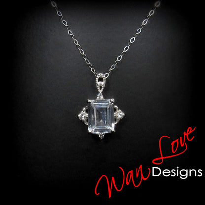White Sapphire Emerald cut Antique pendant vintage style ornate necklace Charm Chain 4ct White or Rose Gold anniversary wedding Gift Ready