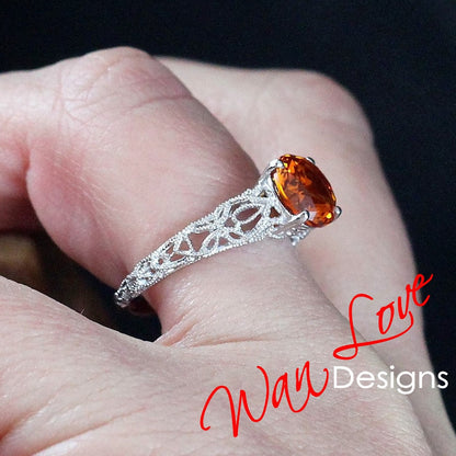 Vintage Padparadscha Orange Sapphire ring Milgrain Filigree Engagement Ring Solitaire Round 2ct antique Wedding Anniversary promise ring