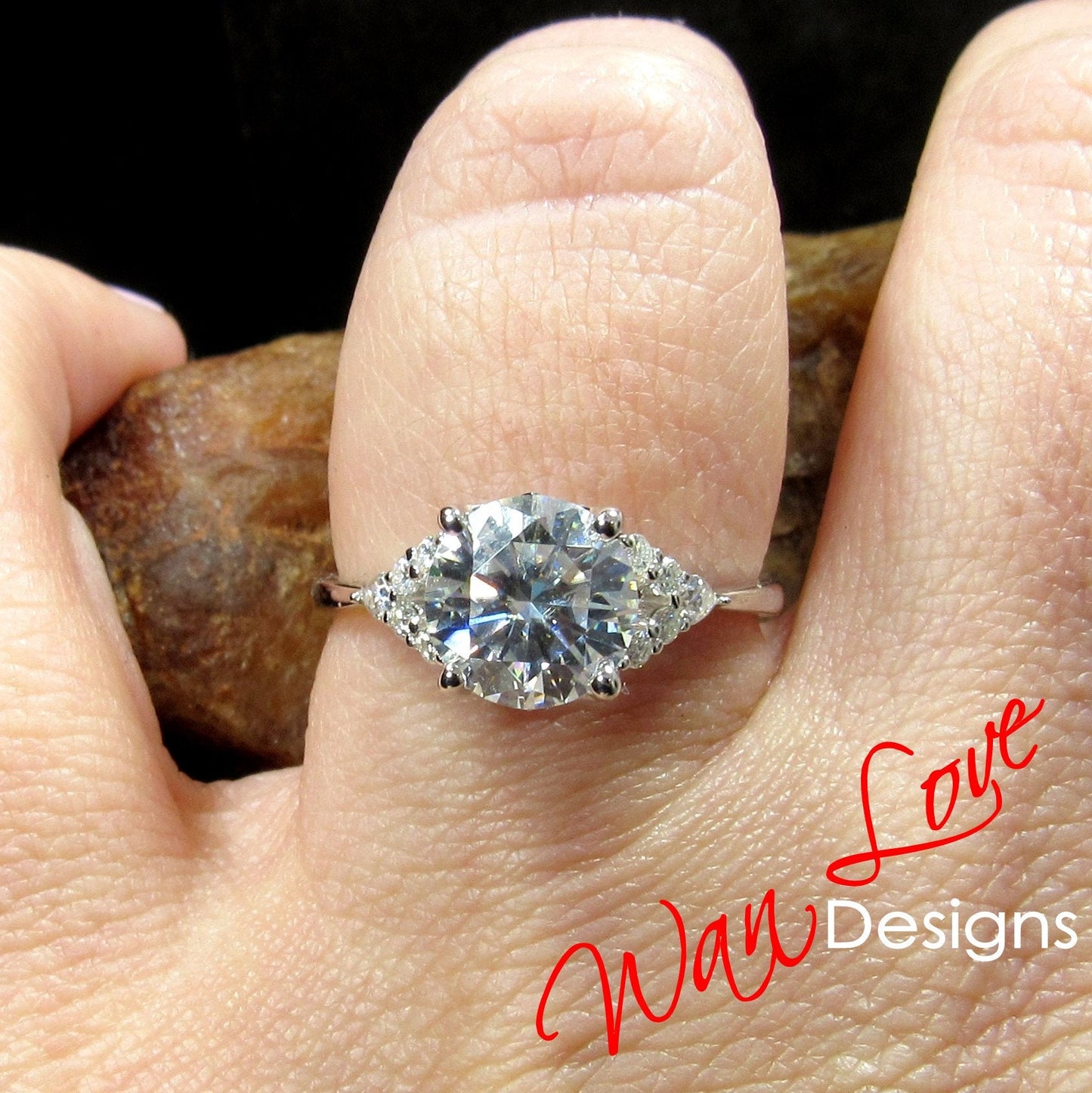 White Sapphire & Diamond Round Claw prong Pear split shank Engagement Ring 2ct 8mm 14k 18k White Rose Gold Wedding Anniversary Gift