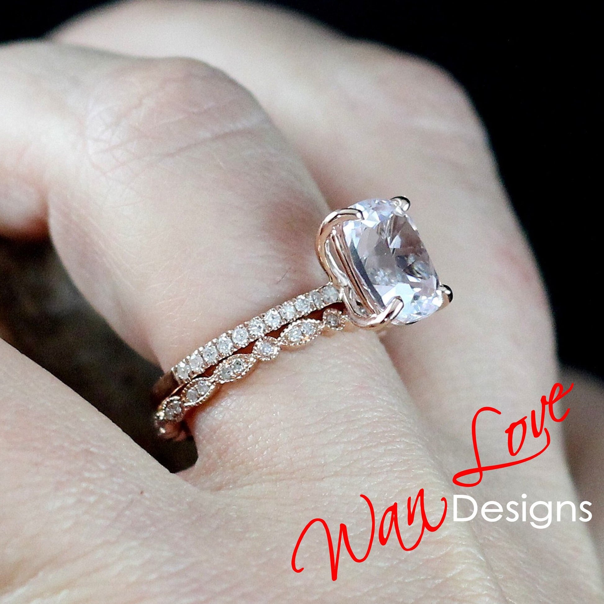 White Sapphire Diamond Elongated Cushion Engagement Ring Set Eternity Wedding Band, 14k 18k White-Yellow-Rose Gold-Custom-Platinum