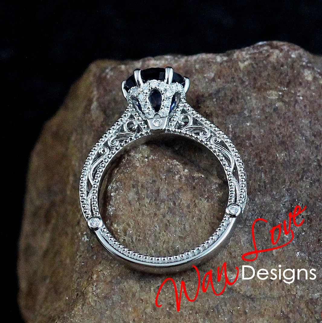White Sapphire & Diamond Filigree Milgrain Flower Engagement Ring Round Custom-14k 18k White Rose Yellow Gold,Platinum,Wedding,Anniversary