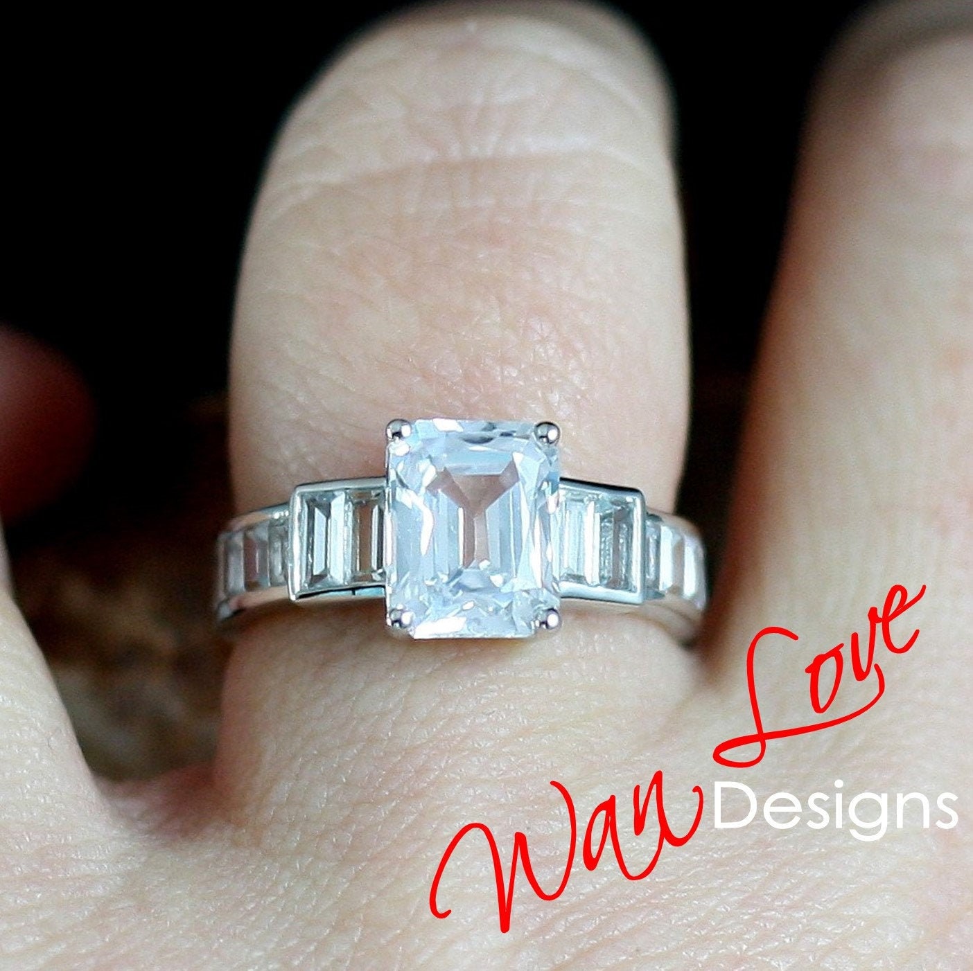 White Sapphire Moissanite Emerald Radiant Baguette Art Deco Engagement Ring 3ct 9x7mm Custom Wedding Anniversary Gift